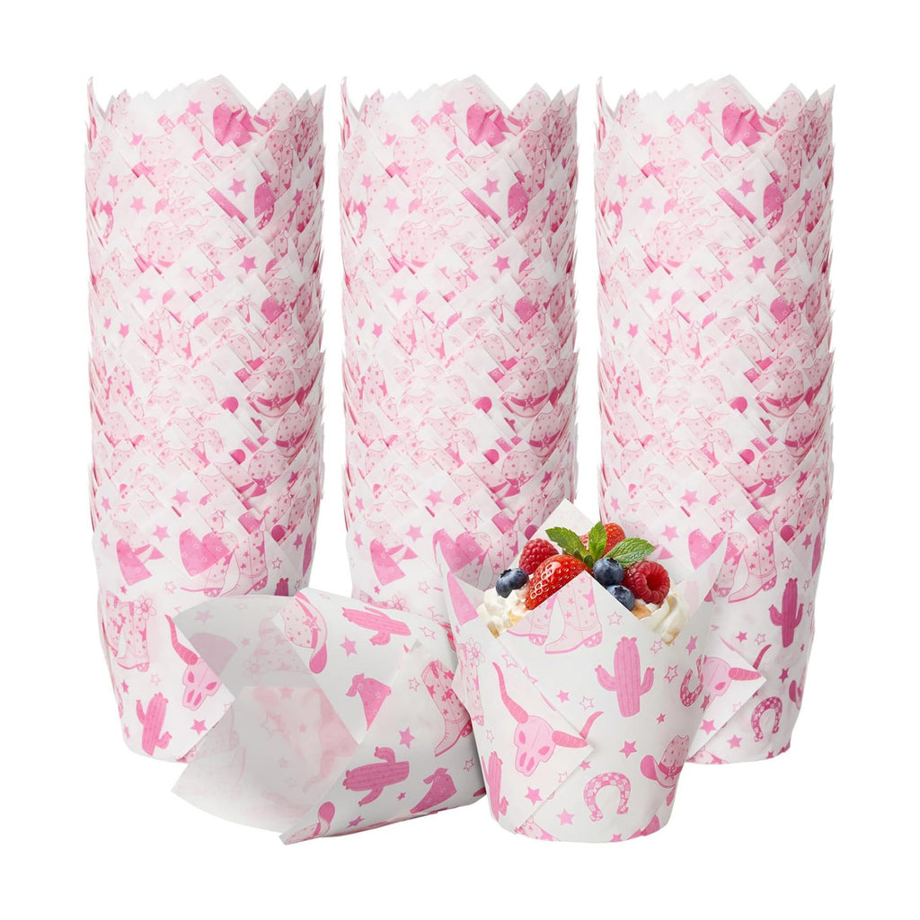 Maxdot 200 Pcs Western Cowgirl Tulip Cupcake Liners for Baking Western Theme Paper Muffin Baking Cups Pink West Tulip Muffin Liners Wrappers for Baby Shower Birthday Bachelorette Party
