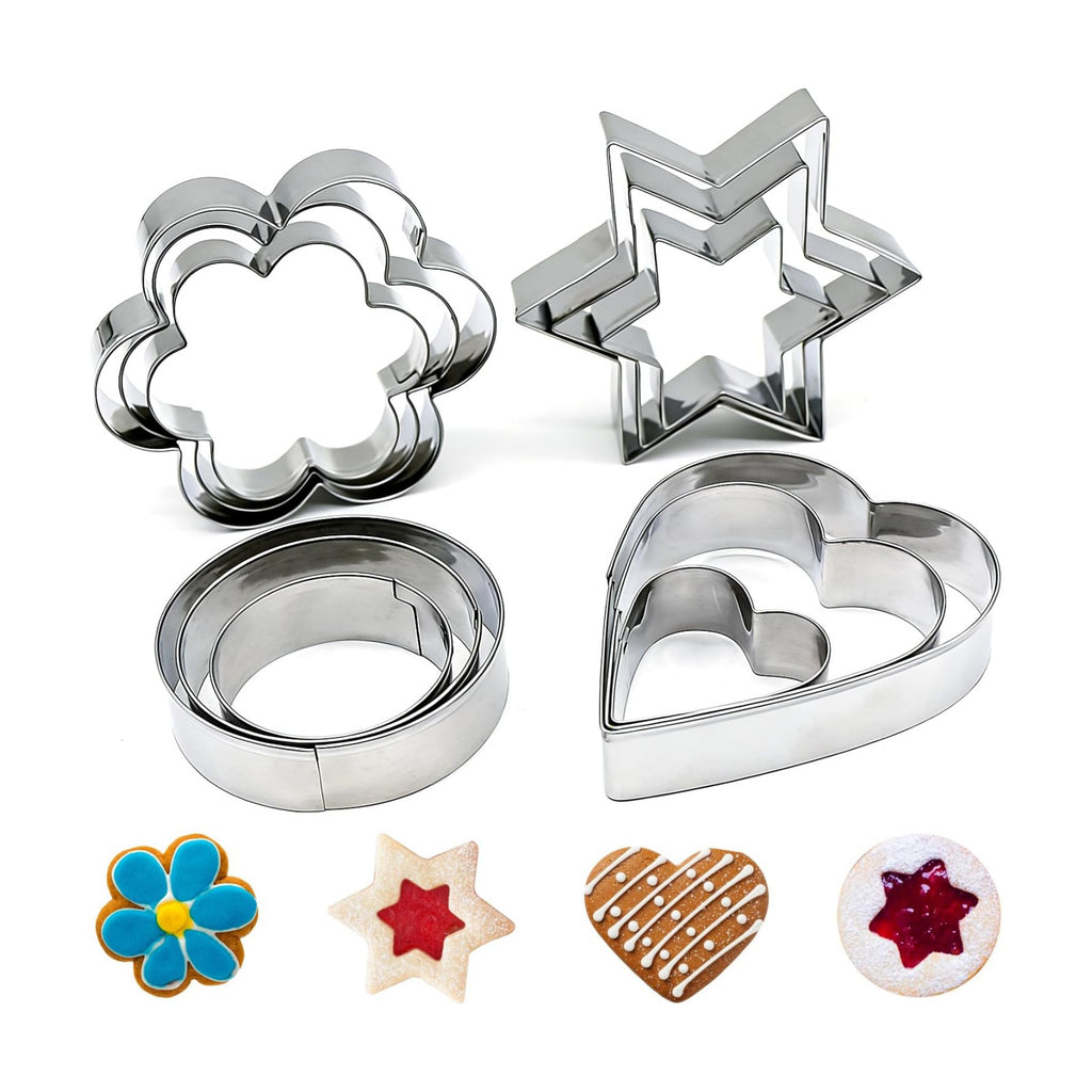 12-Piece Metal Cookie Cutter Set, Stainless Steel Biscuit Cutters for Baking, 4 Shapes (Heart, Star, Flower, Circle), Ideal Fondant Cutters & Dough Cutter, Perfect Cookie Cutters for Kids & Adults