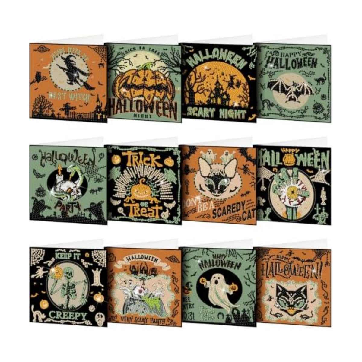 Saillong 12 Pack Halloween Diamond Painting Greeting Card Kits DIY Halloween Diamond Art Cards with Envelopes Green Black Cat Skull 5D Rhinestones Painting Kit for Adults DIY Craft Family Friend Gifts