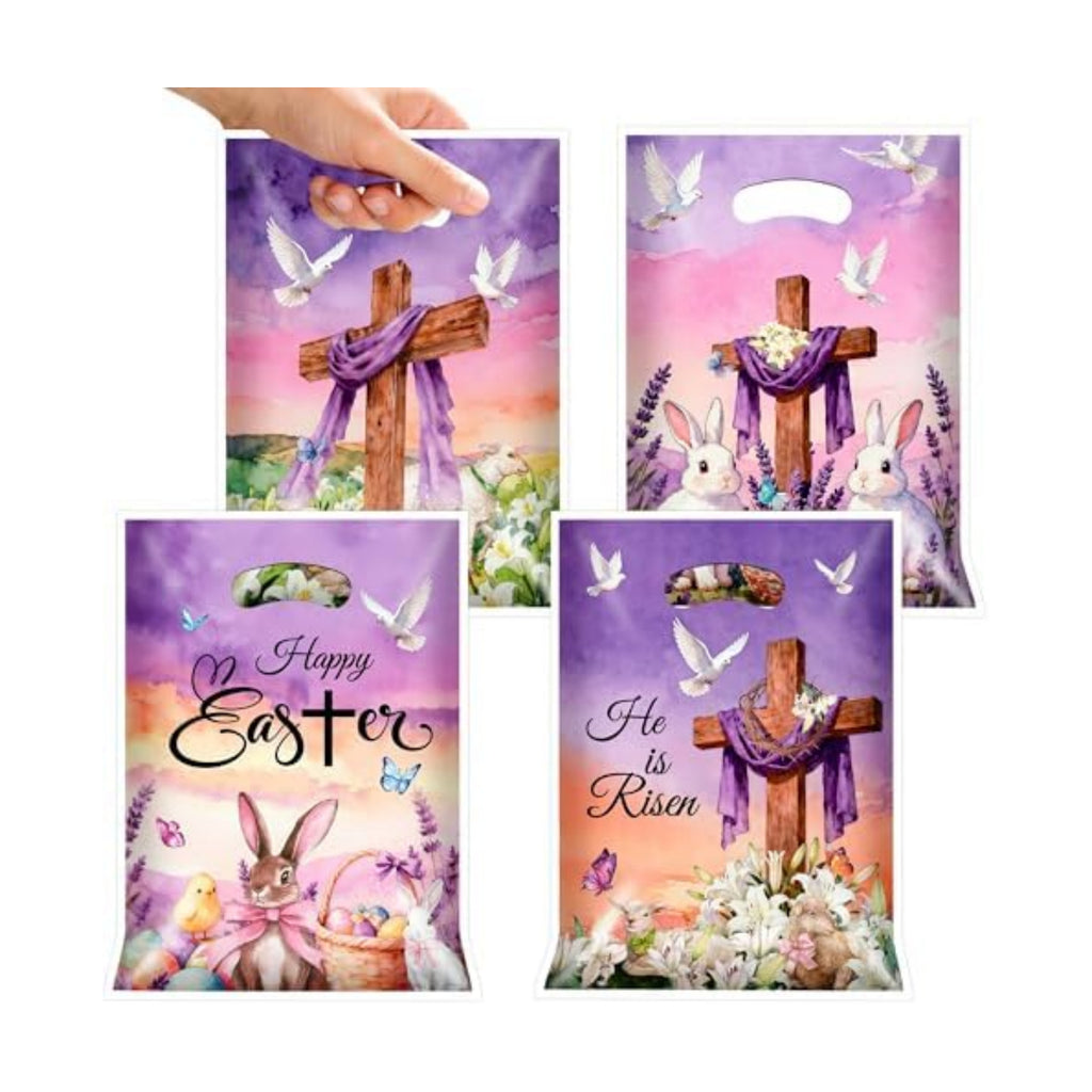 EUVBOKW 100 Pcs Easter Plastic Treat Bags Bulk,He is Risen Christian Goodie Bags and Bunny Party Favor Bags with Handles for Easter Egg Hunt, Church and Gift Wrapping