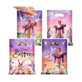 EUVBOKW 100 Pcs Easter Plastic Treat Bags Bulk,He is Risen Christian Goodie Bags and Bunny Party Favor Bags with Handles for Easter Egg Hunt, Church and Gift Wrapping