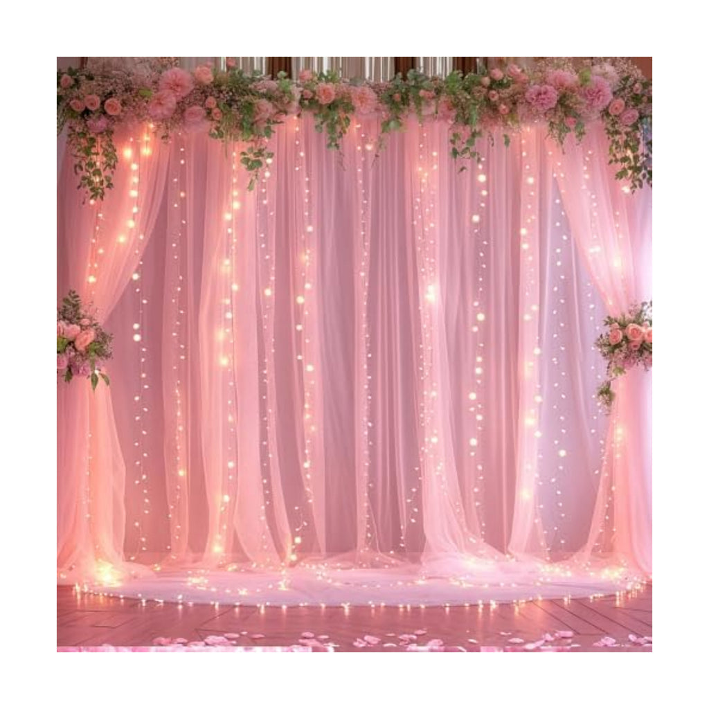 10ft×12ft Pink Tulle Backdrop Curtains with Lights String for Parites Pink Sheer Backdrop Curtains for Baby Shower Girls Birthday Party Wedding Bridal Shower Photo Shoot Background 2 Panels 5×12ft