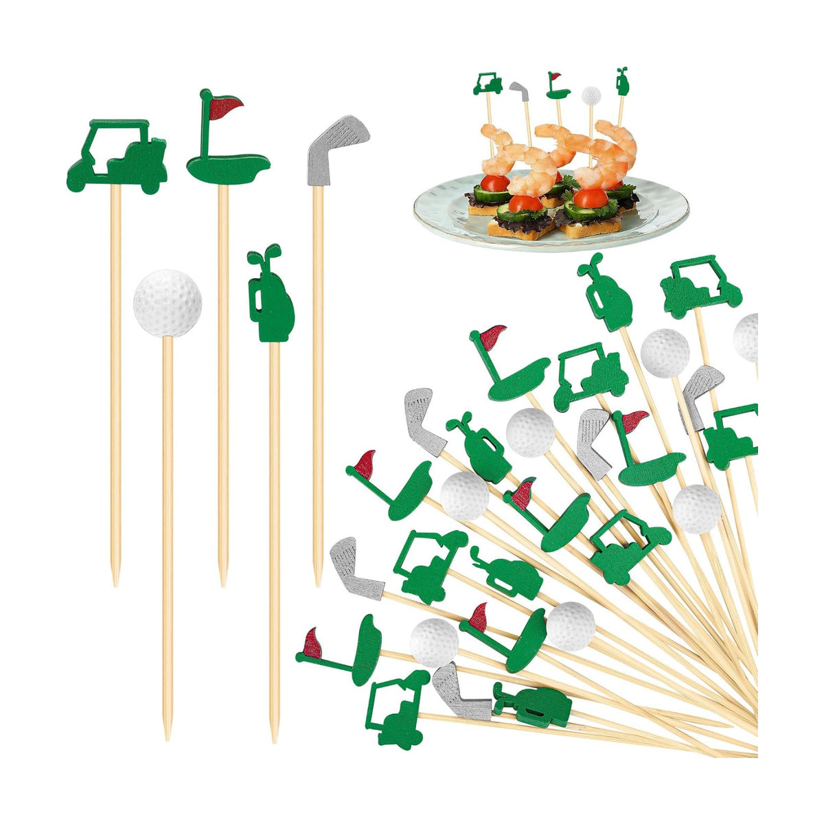 Aodaer 200 Pieces Golf Cocktail Picks for Appetizers 4.7 Inch Golf Themed Decorative End Fruit Toothpicks Skewers Bamboo Cocktail Picks for Sports Catered Events Buffet Party Supplies, Green