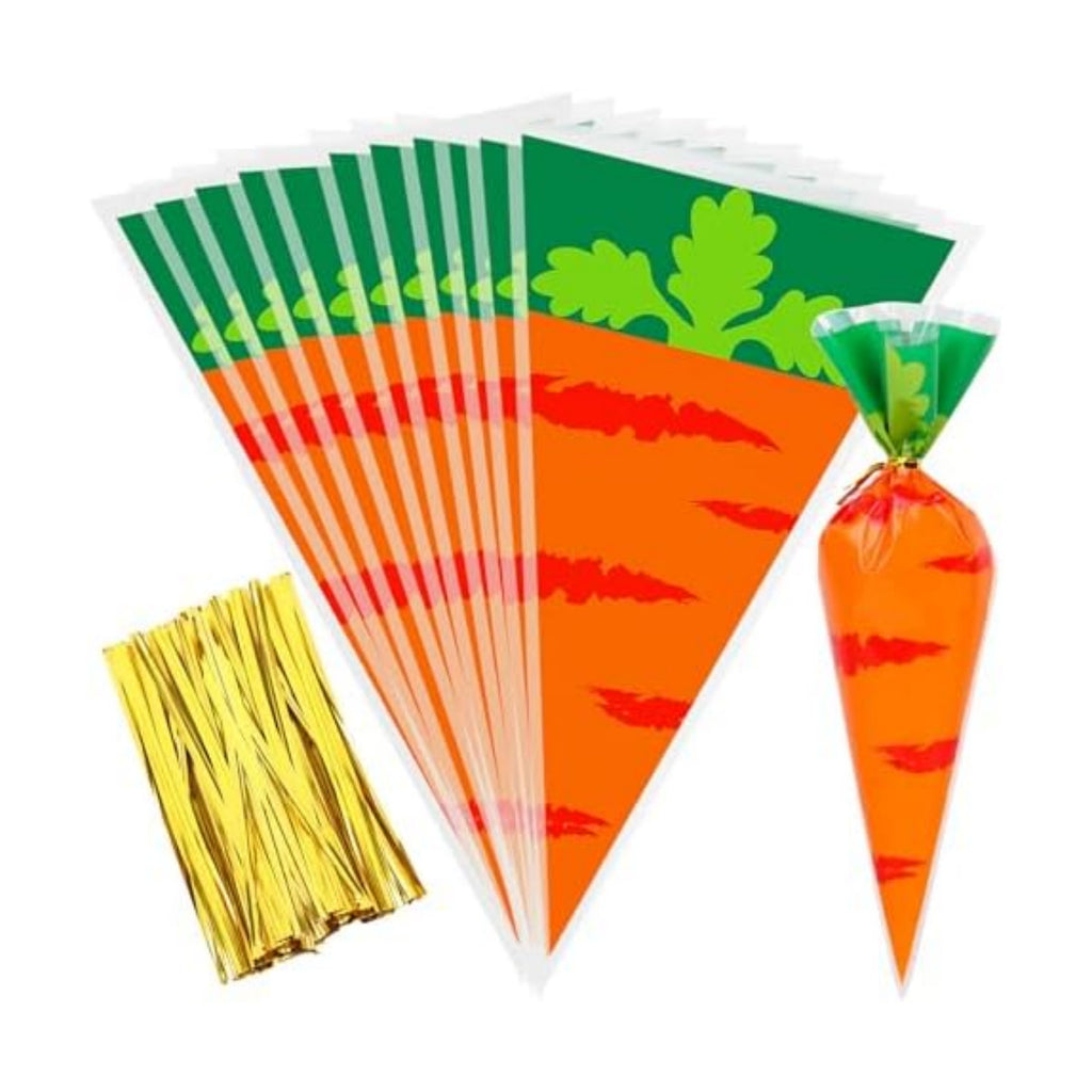 FOIMAS 120pcs Easter Cellophane Treat Bags,Carrot Shaped Candy Goodie Bags Cookie Bag for Easter Party Decoration Supply