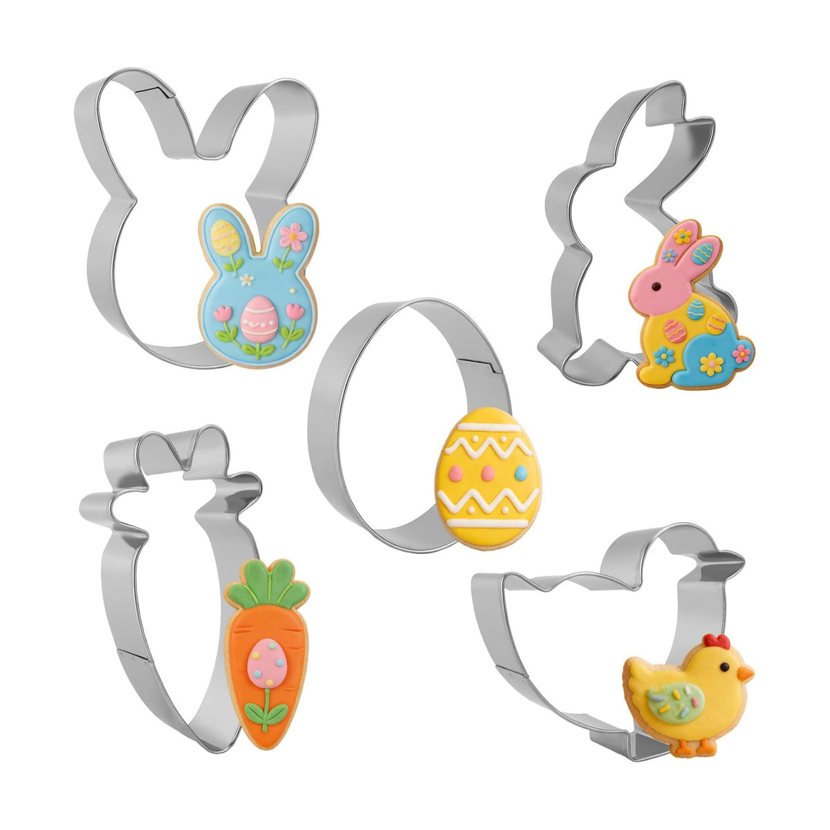 Easter Cookie Cutters, 5 Pcs Chick Carrot Egg Bunny Rabbite Shapes Metal Cookie Cutters, Stainless Steel Cutter Sets Biscuit Fruit Cutter for Easter Holiday Home Baking Kit Birthday Party Supplies