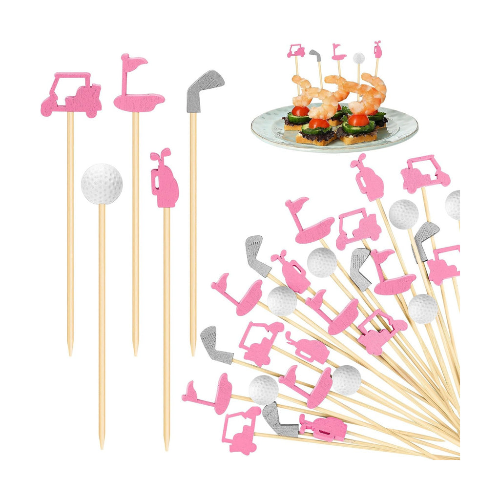 Aodaer 200 Pieces Golf Cocktail Picks for Appetizers 4.7 Inch Golf Themed Decorative End Fruit Toothpicks Skewers Bamboo Cocktail Picks for Sports Catered Events Buffet Party Supplies, Pink