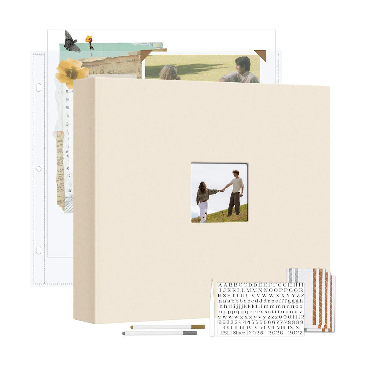 Vienrose Linen Scrapbook Photo Album Kit, Large 3 Ring Binder Scrapbook with 30 Plastic Sleeves, 15x13 Inch DIY Memory Book for Wedding, Anniversary, Family & Kids Keepsake Gift, Beige