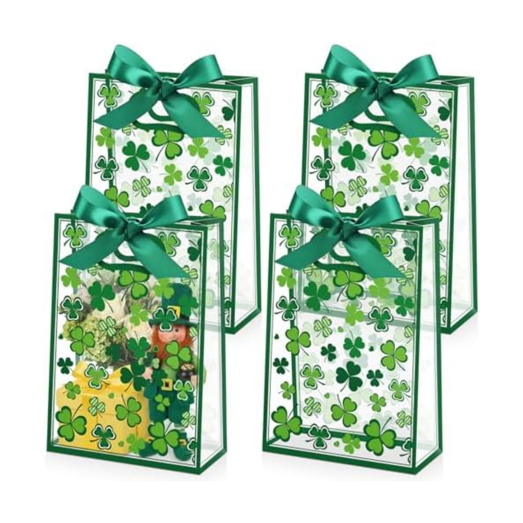 Capoda 24 Pack St Patrick's Day Shamrock Gift Bags with Handles Clover Party Favor Bag Reusable Plastic St Patricks Goodie Bags, 10x7x3 Inch Lucky Clover Treat Bag for Holiday Party Supplies