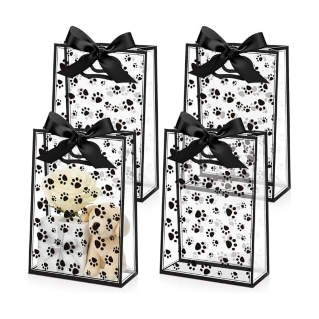 Capoda 24 Pack Dog Paw Gift Bags with Handles Reusable Plastic Party Favor Bags for Dog Birthday Puppy Party Black Paw Goodie Bag Medium Treat Bag for Pet Adoption Rescue Events Doggy