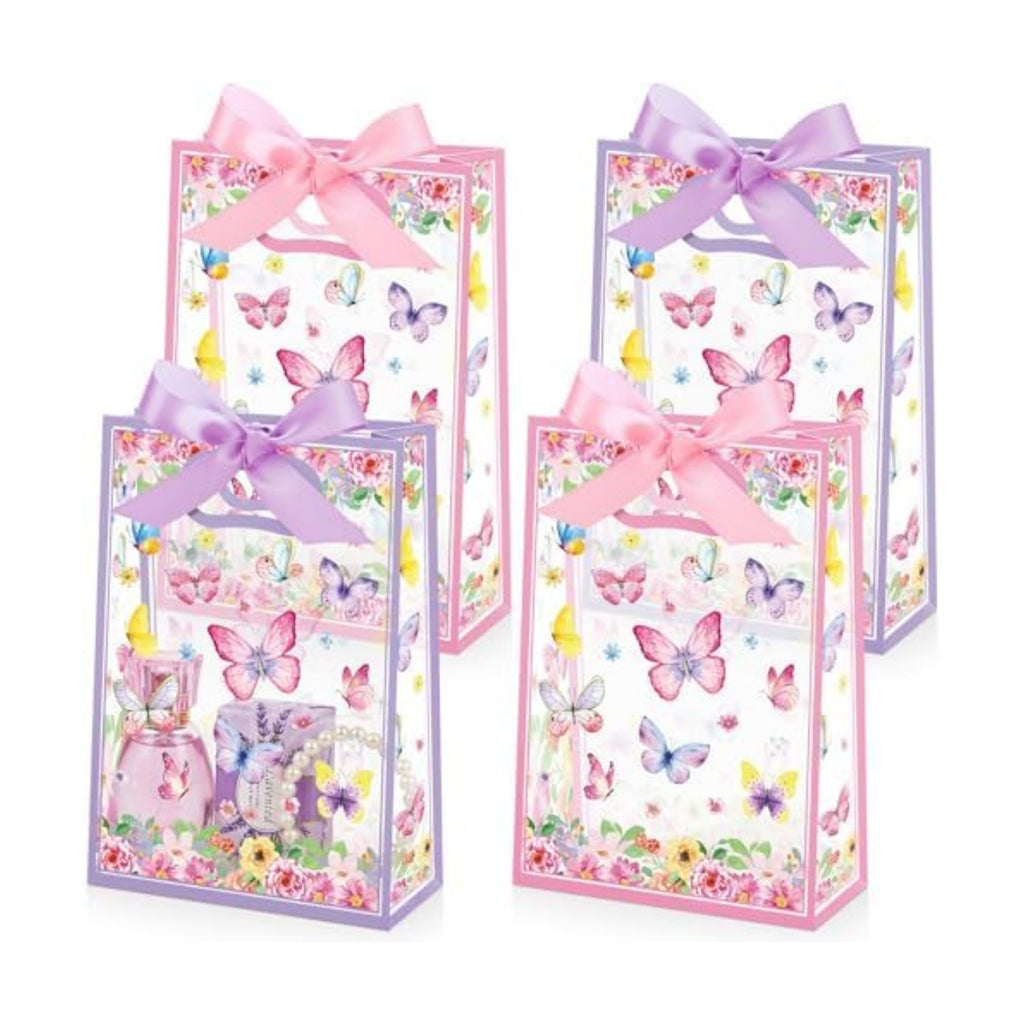 Capoda 24 Pack Butterfly Gift Bags with Handles Pink Purple Floral Party Favor Bags for Girls Birthday Reusable Plastic Goodie Bag Medium Treat Bag for Baby Shower Spring Garden Tea Party Supplies