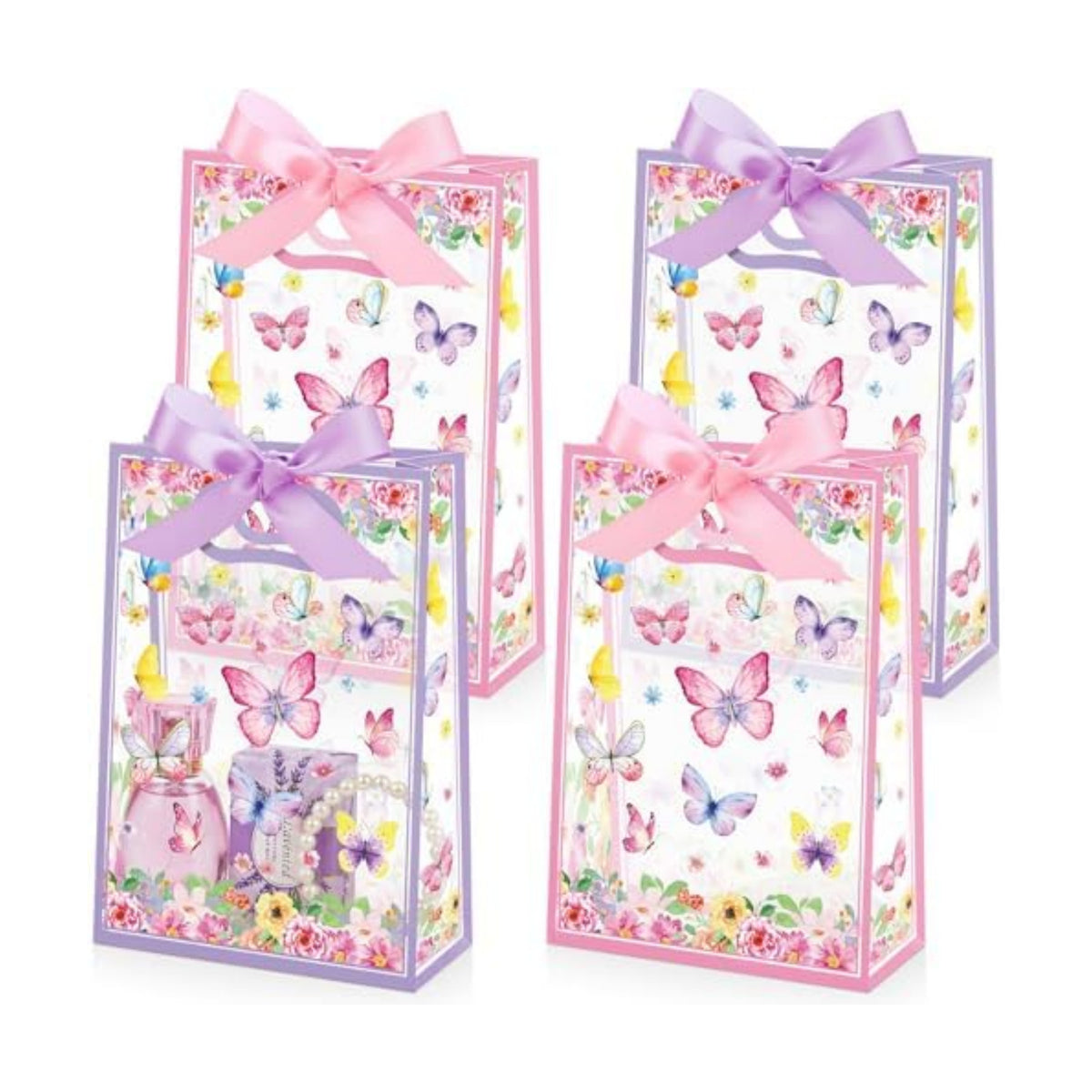 Capoda 24 Pack Butterfly Gift Bags with Handles Pink Purple Floral Party Favor Bags for Girls Birthday Reusable Plastic Goodie Bag Medium Treat Bag for Baby Shower Spring Garden Tea Party Supplies