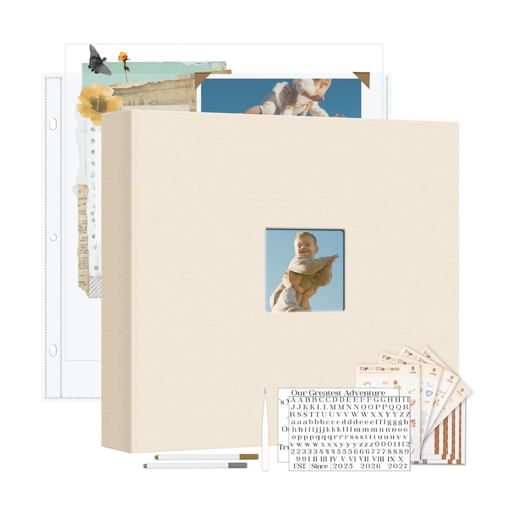Vienrose Linen Scrapbook Photo Album Kit, Large 3 Ring Binder Scrapbook with 30 Plastic Sleeves, 15x13 Inch DIY Memory Book for Wedding, Baby Shower, Family & Kids Keepsake Gift, Beige