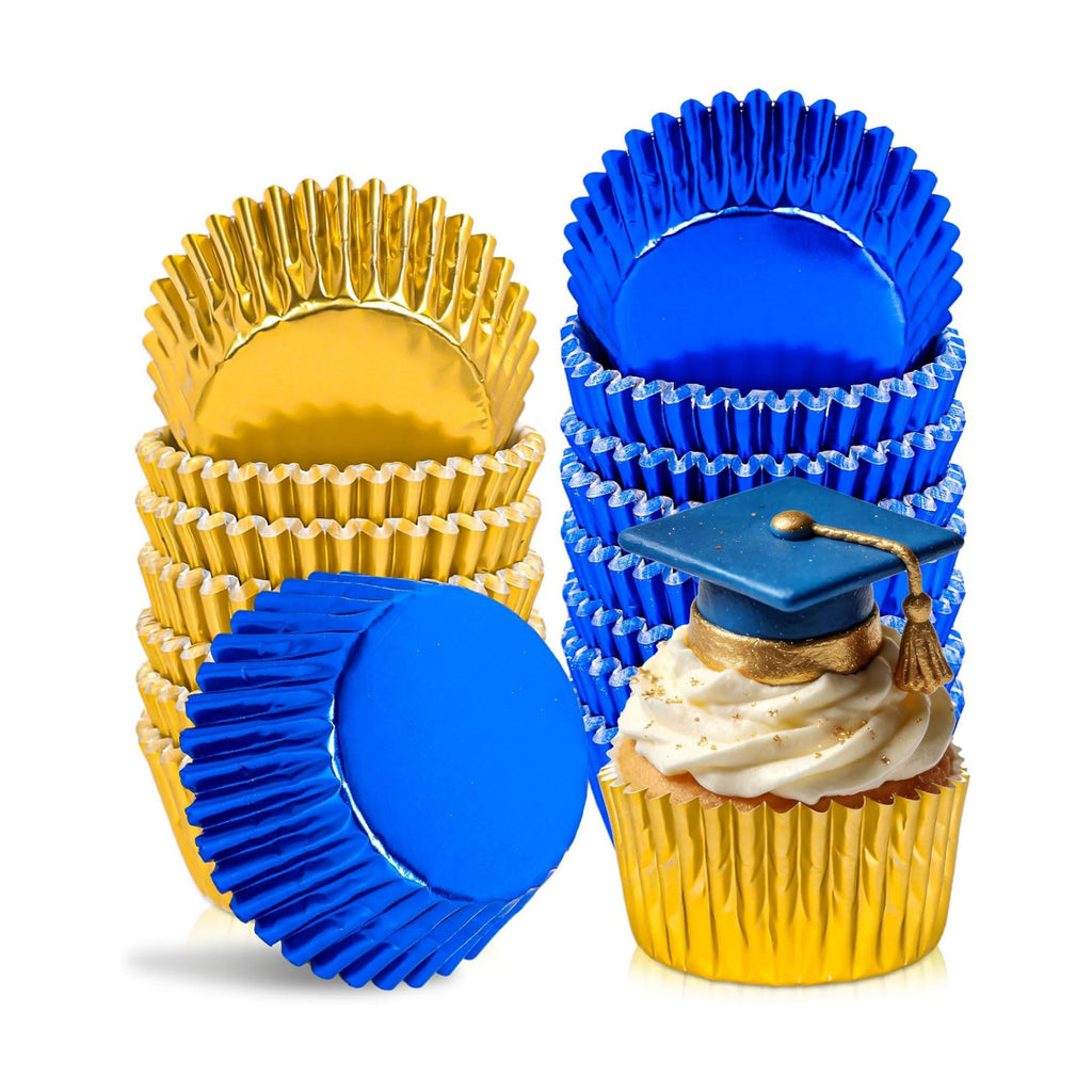 JarThenaAMCS 200Pcs Graduation Foil Cupcake Liners Baking Cups Gold Blue 2026 Congrats Grad Foil Metallic Cupcake Wrappers Muffin Liners for College High School Party Supplies Table Decor