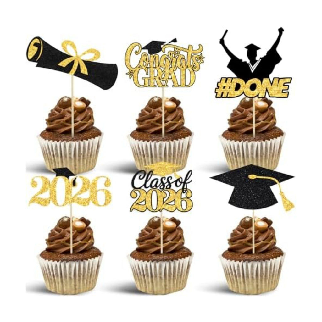 24 Pieces 2026 Graduation Cupcake Toppers and Wrappers, Adjustable Grad Cap Diploma Cake Decorations for Class of 2025 Graduation Party Supplies (Black Gold)