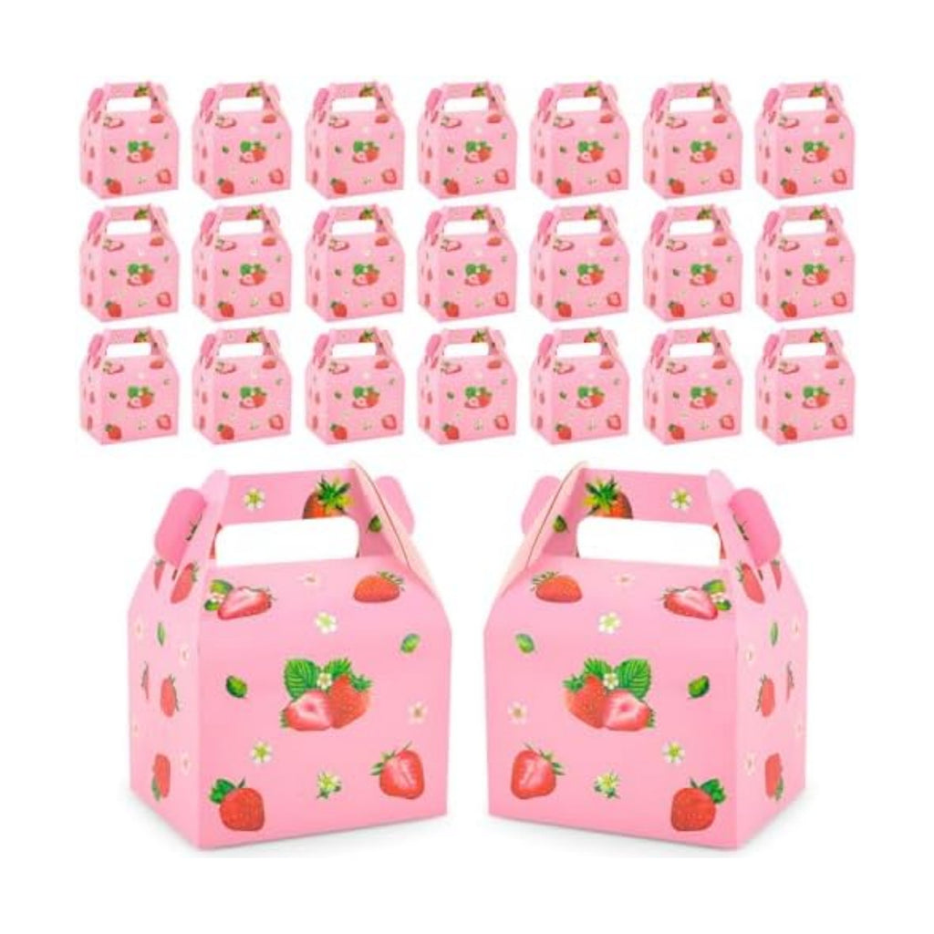 24 Pieces Strawberry Party Favor Boxes Gable Candy Treat Box Folding Paper Gift Box with Handles Fruit Party Favors for Strawberry Themed Sweet Birthday Party Baby Shower Wedding Decoration Supplies