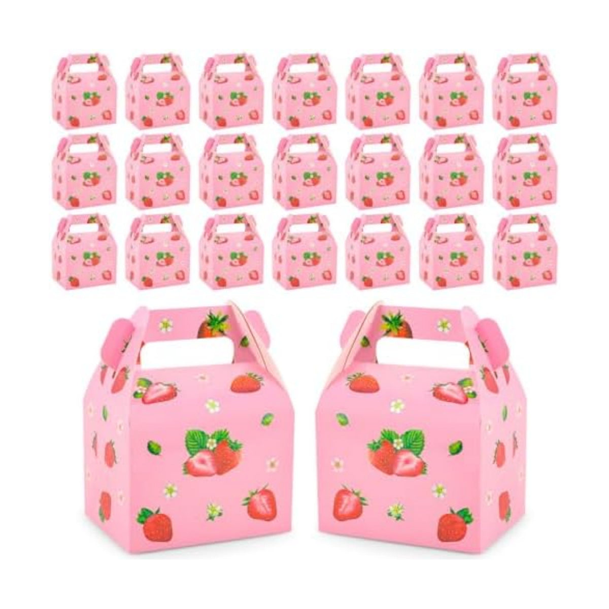 24 Pieces Strawberry Party Favor Boxes Gable Candy Treat Box Folding Paper Gift Box with Handles Fruit Party Favors for Strawberry Themed Sweet Birthday Party Baby Shower Wedding Decoration Supplies