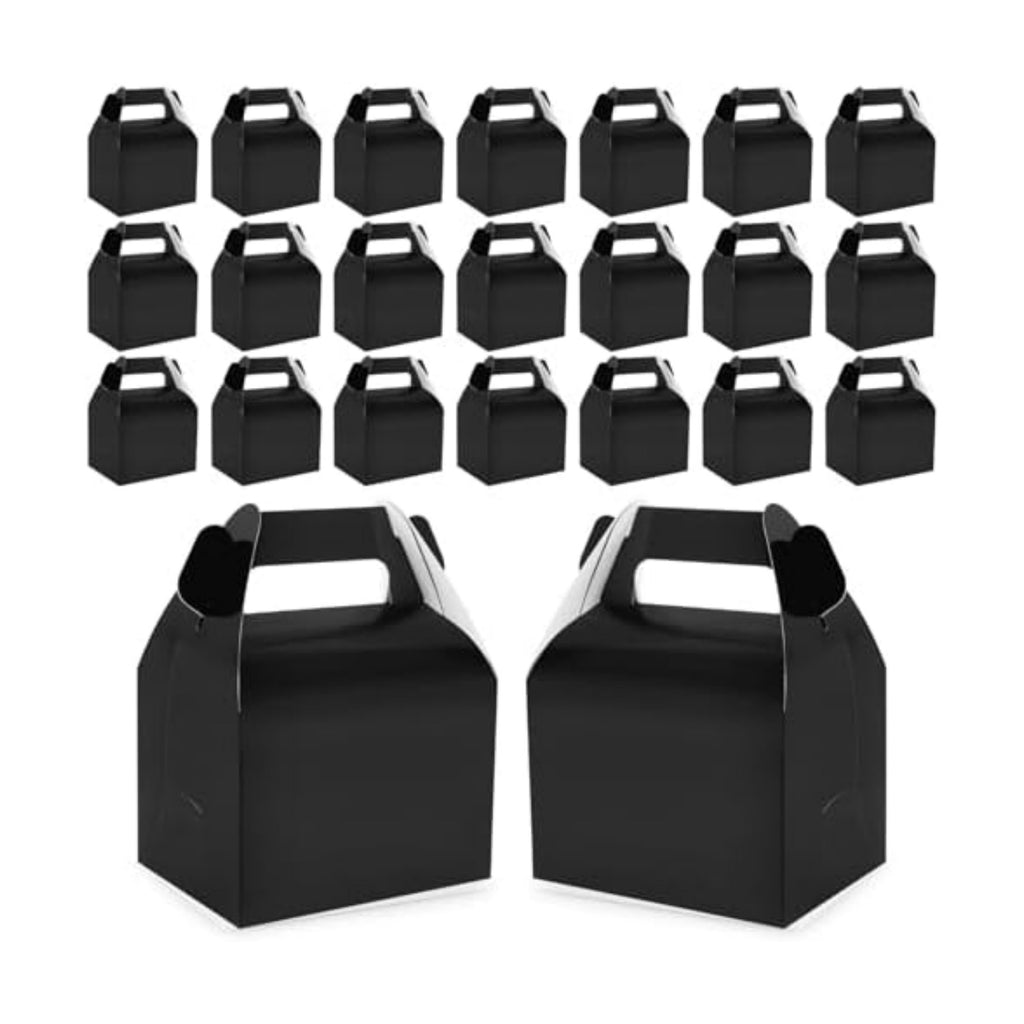Hxezoc 24 Pieces Black Party Favor Boxes Gable Candy Treat Box Folding Paper Gift Box with Handles for Baby Showers Birthday Party Wedding Decoration Supplies