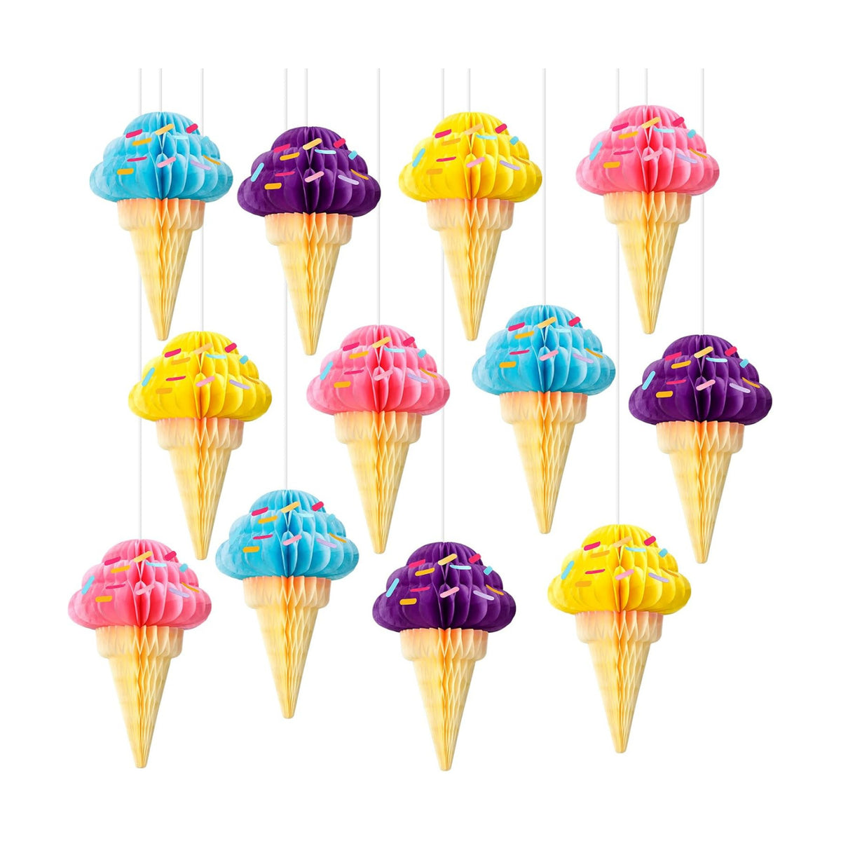 Gueevin 12 Pcs Ice Cream Party Decorations Summer Ice Cream Hanging Honeycomb Balls Decor Tissue Paper Hanging Ceiling Decor for Sweet Party Home Birthday Baby Shower Favor