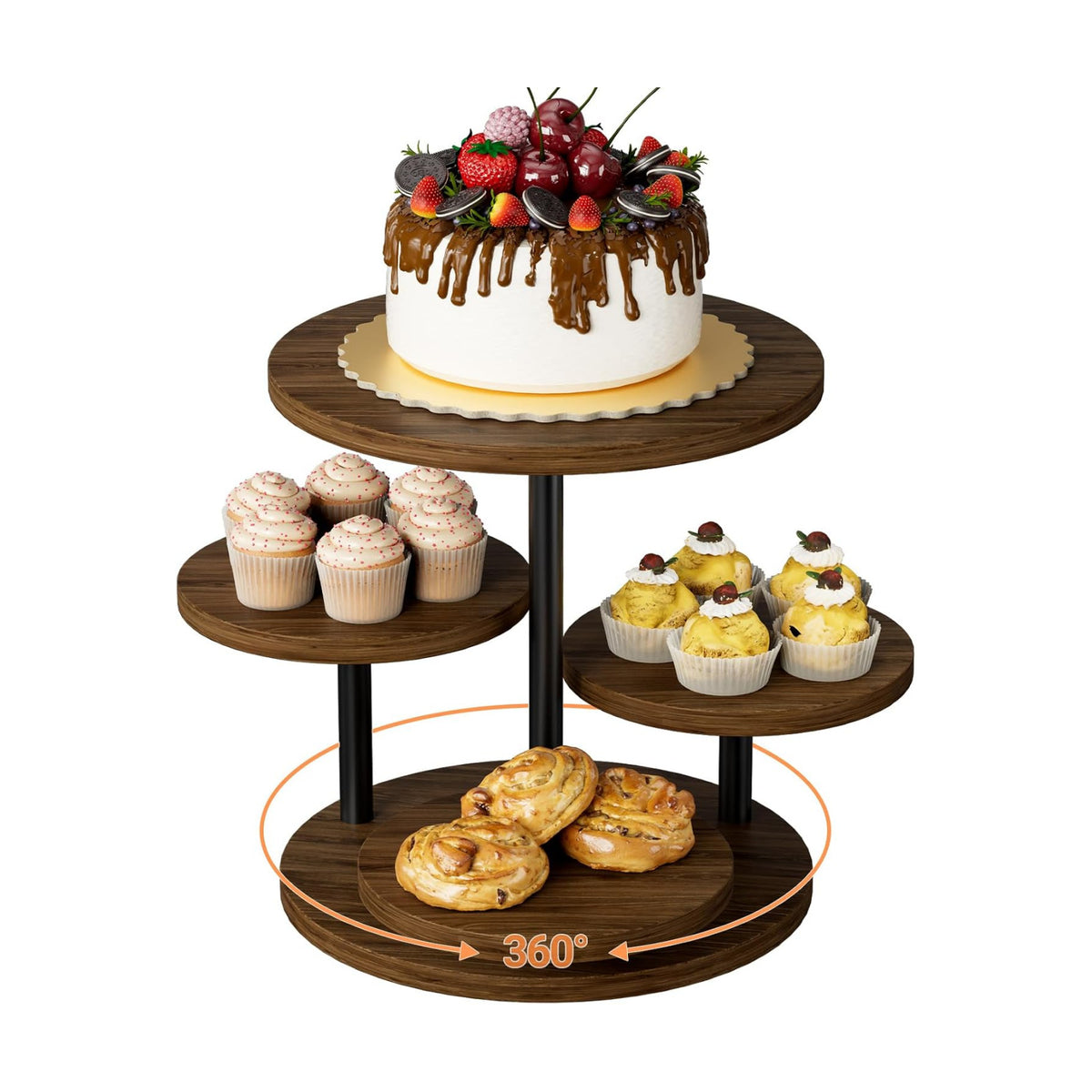 Cupcake Holder for 50 Cupcakes Wood Cake Stand with 4 Tiered Serving Tray 360°Rotating Dessert Stands Round Cookie Trays for Parties Wedding Baby Shower Afternoon Tea Dessert Table, Walnut