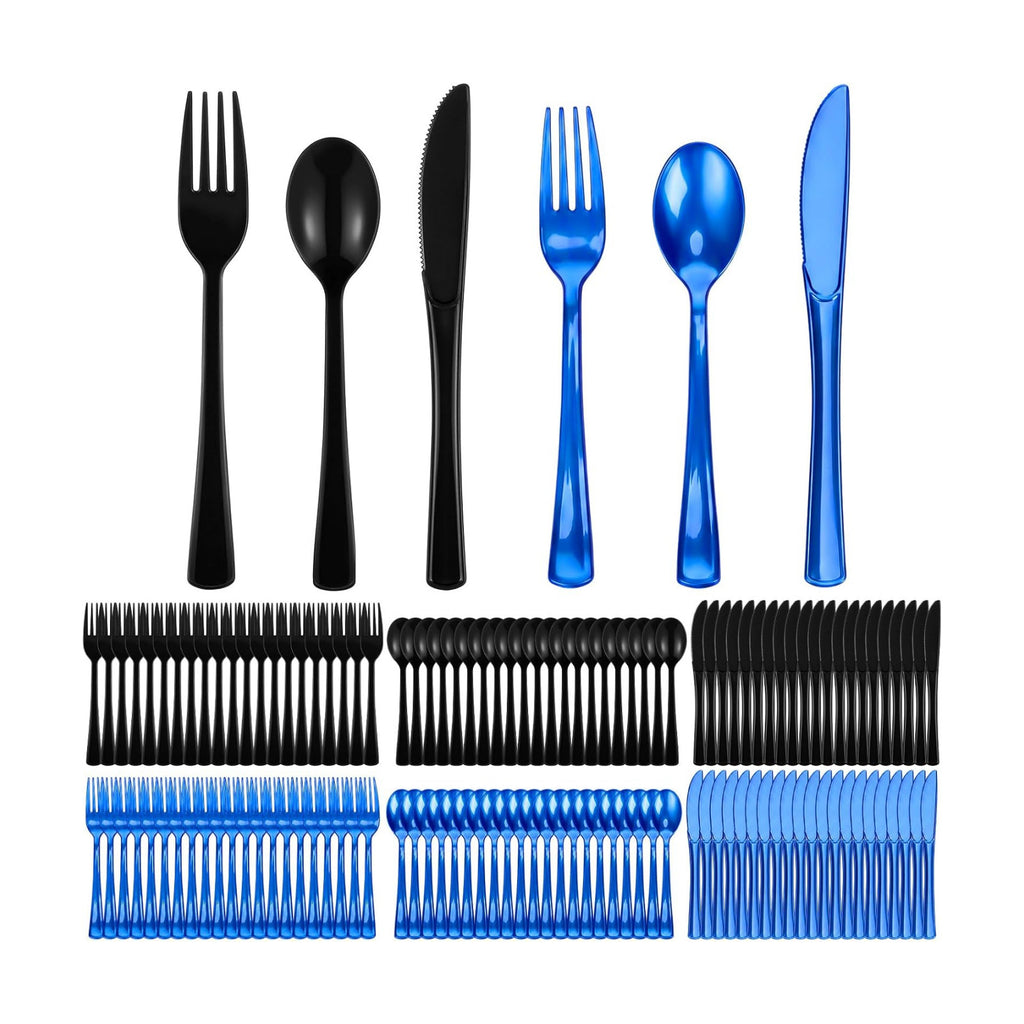 Minatee 180 Pcs Black and Blue Graduation Plastic Silverware Heavy Duty Cutlery Sets Disposable Utensils for Holiday Birthday Themed Party Supplies, 60 of Each Forks Knives Spoons