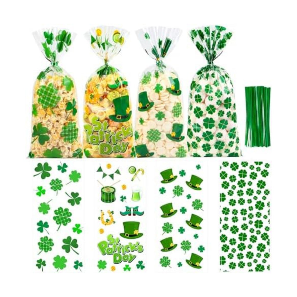 St. Patricks Cellophane Treat Bags – 100 Pack Green Shamrock Goodie Gift Bags with Twist Ties, 5×11 Inch Clear St. Patricks Candy Cookie Bags for St. Patrick Day Irish Party, Classroom, Holiday Favors