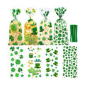 St. Patricks Cellophane Treat Bags – 100 Pack Green Shamrock Goodie Gift Bags with Twist Ties, 5×11 Inch Clear St. Patricks Candy Cookie Bags for St. Patrick Day Irish Party, Classroom, Holiday Favors
