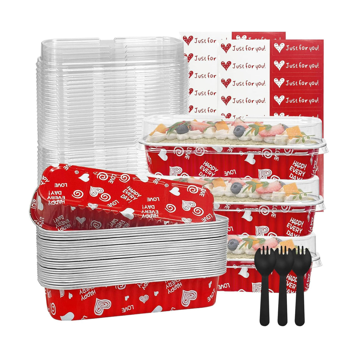 100Pack Valentine's Mini Loaf Pans with Lids Mini Cake Pans with Lids and Spoons, 6.8Oz Heart Shaped Cake Pans Fancy Muffin Pans Aluminum Foil Pans, Individual Dessert Cups Containers for Sales,Party