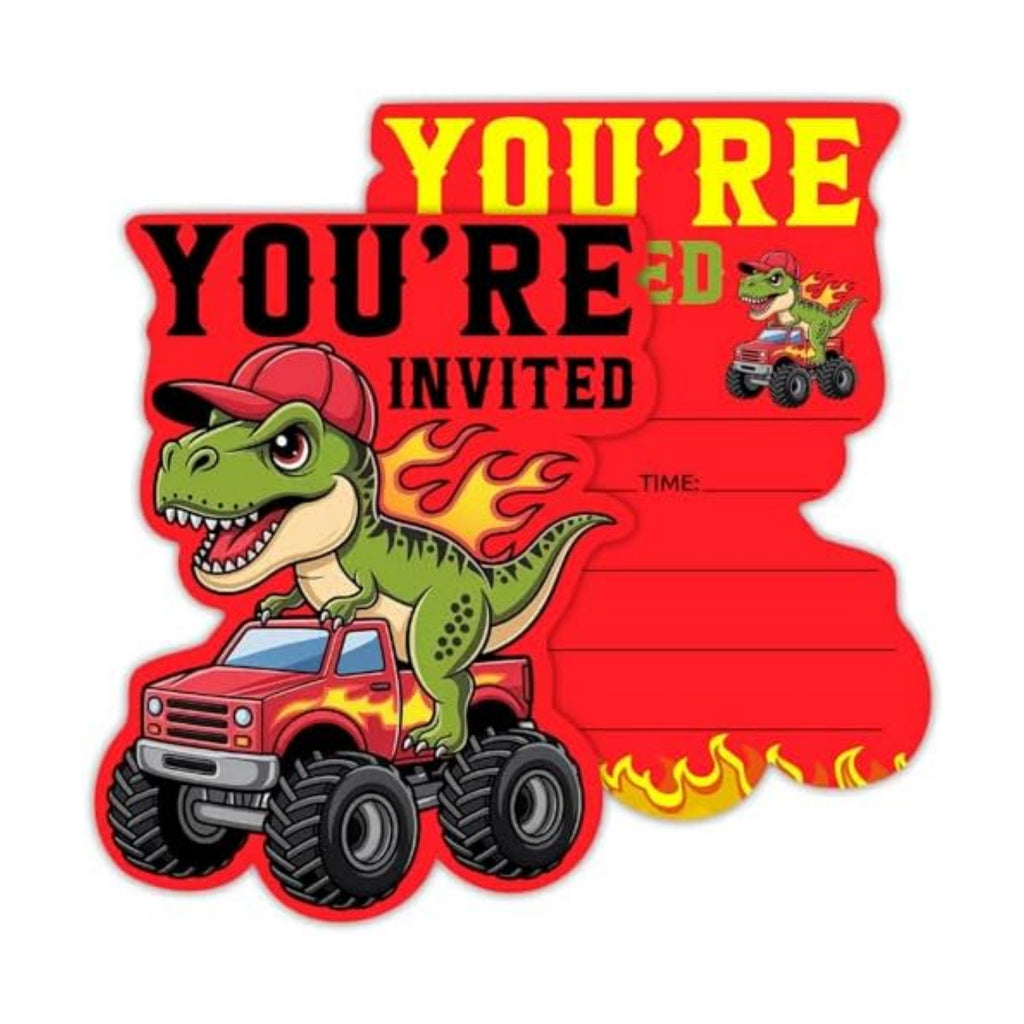 Red Truck Birthday Party Invitations, Dinosaurs Monster Truck Shaped Invitations for Kids Boys, Monster Truck Theme Birthday Party Decorations Supplies Favors, 20 Set Invites Cards with Envelopes