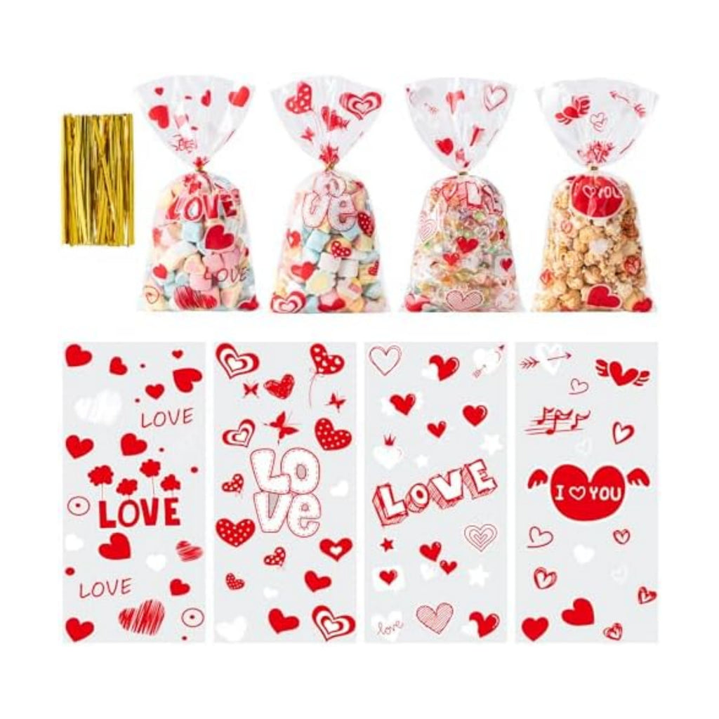 Valentines Cellophane Bags 120pcs Valentines Candy Bags with 140pcs Twists