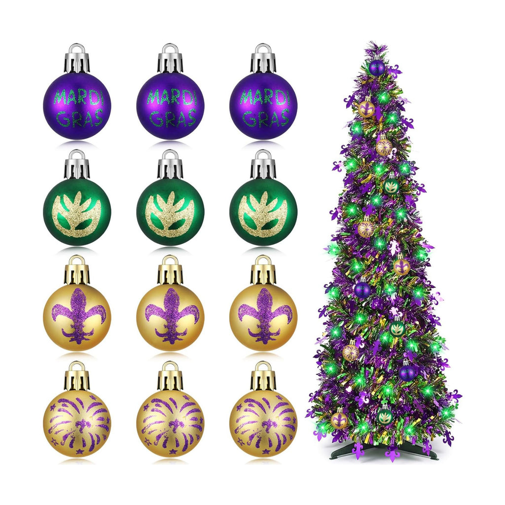 Vicenpal 14 Pcs 5 ft Mardi Gras Decoration Carnival Pop up Tree Kit Collapsible Tinsel Tree with 13 Pcs Mardi Gras Ball Ornaments Green String Lights Hanging for Home Indoor Outdoor Party Supplies