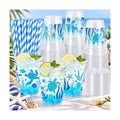 Whaline 50Pcs Summer Ocean Plastic Cups Disposable Cups with Lids Straws 12oz Blue Seaweed Starfish Turtle Clear Plastic Cup for Summer Ocean Party Supplies