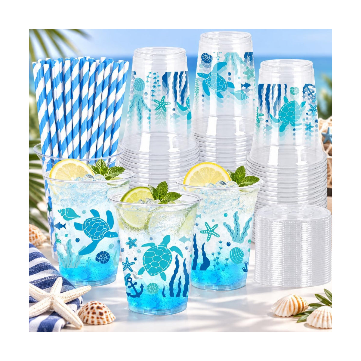 Whaline 50Pcs Summer Ocean Plastic Cups Disposable Cups with Lids Straws 12oz Blue Seaweed Starfish Turtle Clear Plastic Cup for Summer Ocean Party Supplies