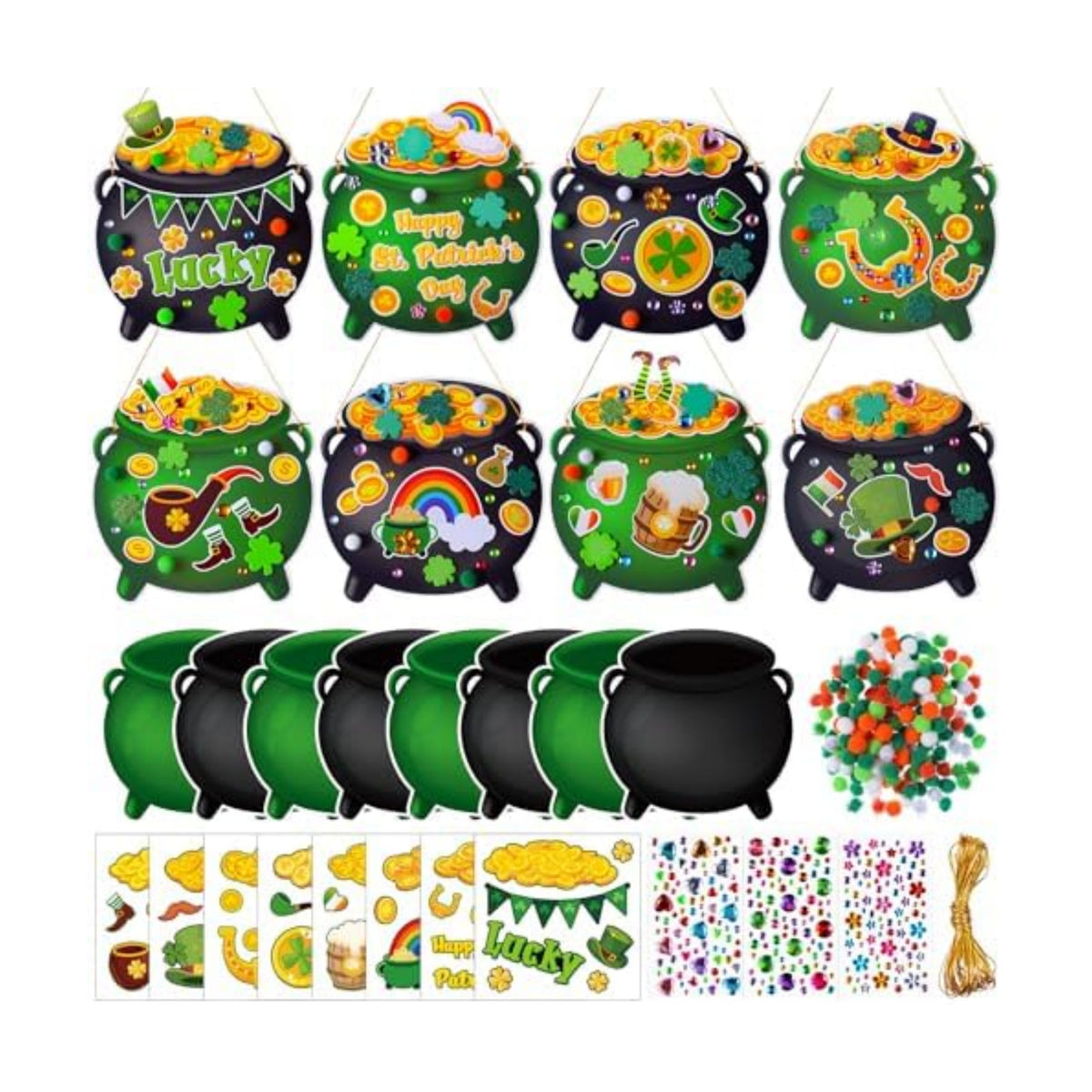 Funrous 48 Sets Crafts Kit Paper Crafts DIY Make Your Own Hanging Ornaments with Pompoms Diamond Stickers for Holiday Classroom Activities Party Favors, St. Patrick's Jar