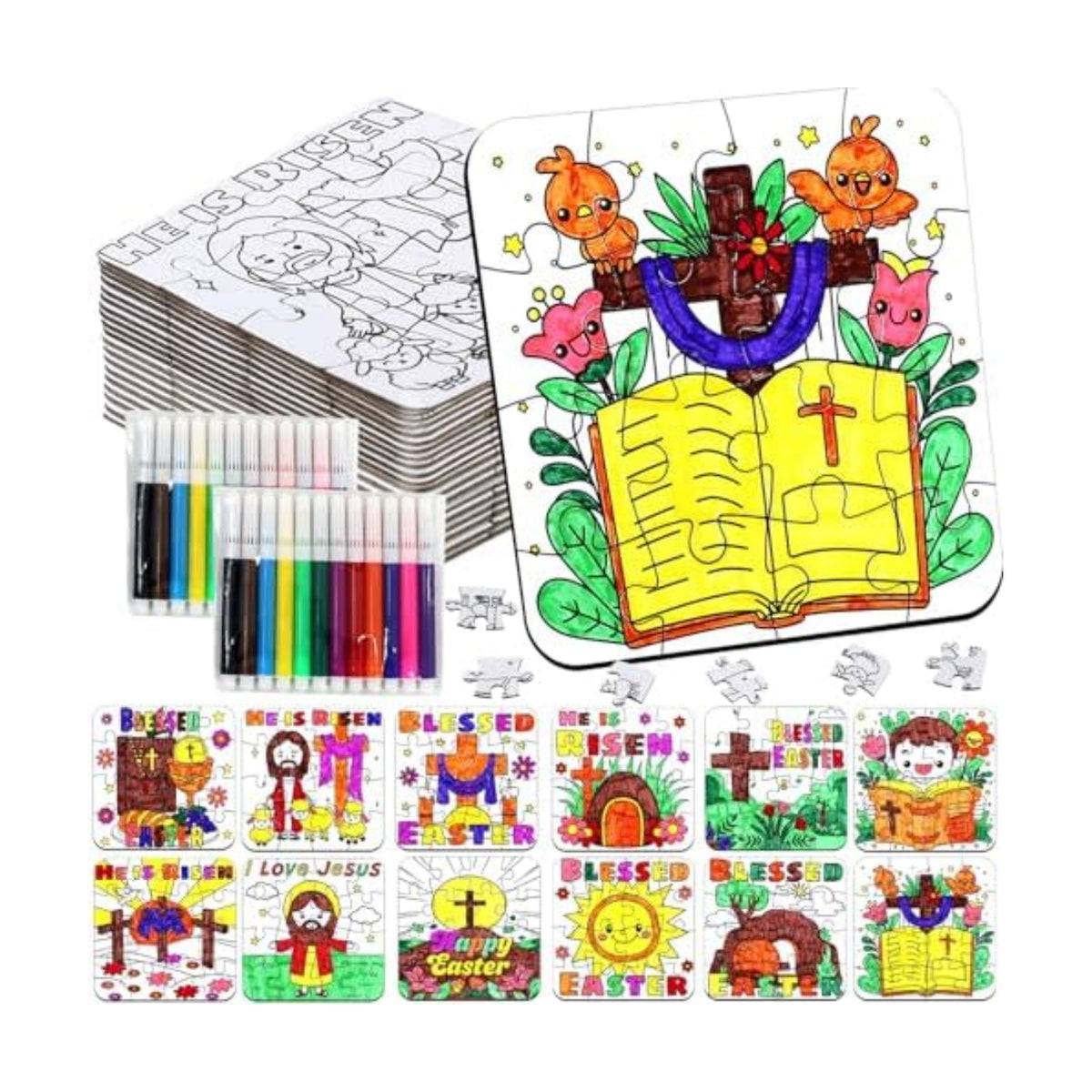 24Pcs Christian Easter Crafts for Kids Ages 4-8, Religious Easter Puzzle Jesus He Is Risen, Bible Jigsaw Arts Gifts for Classroom DIY Activity, Basket Stuffers, Spring Party Favors, Coloring Game Bulk