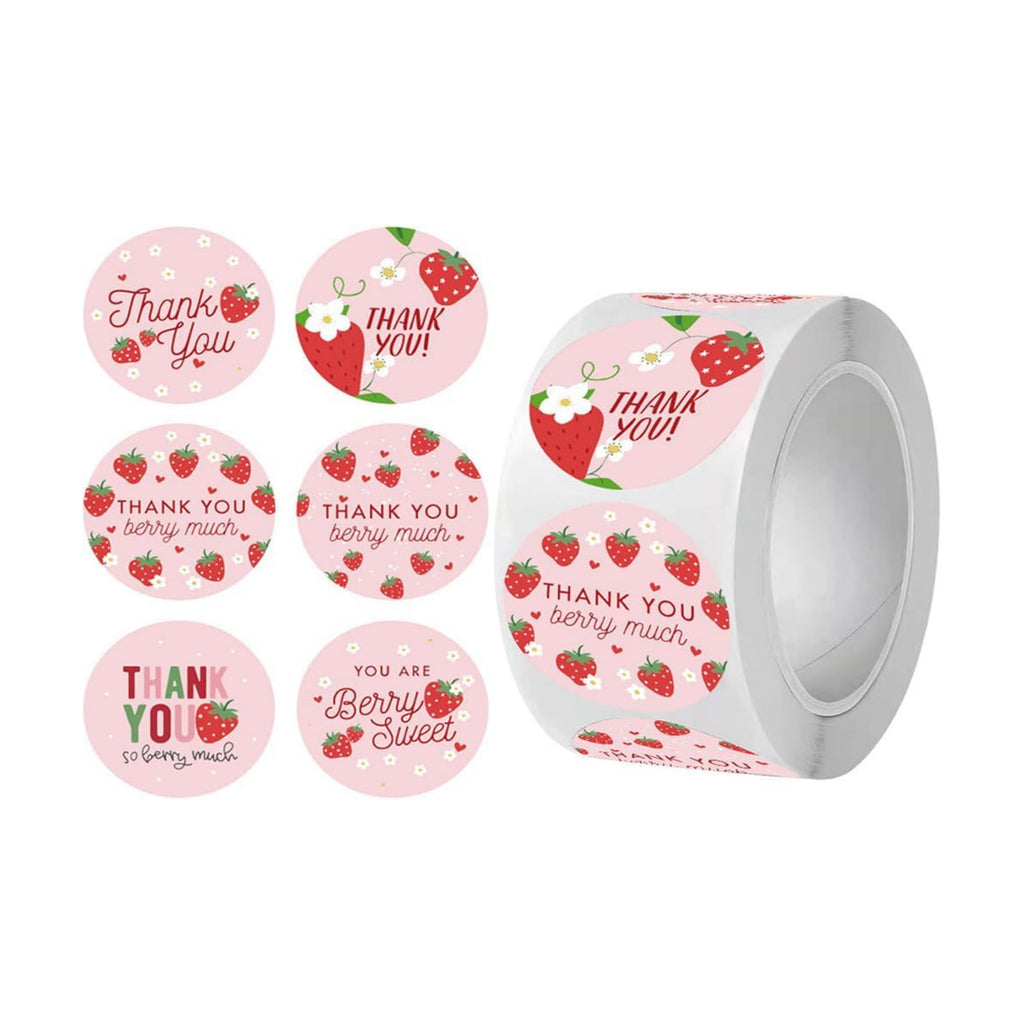 500PCS Thank You Stickers 1.5in Stickers Rolls 6 Designs Pink Sticker with Strawberry Patterns and Thank You Words Sticker for Bottle Scrapbook Journal Envelope Decorations