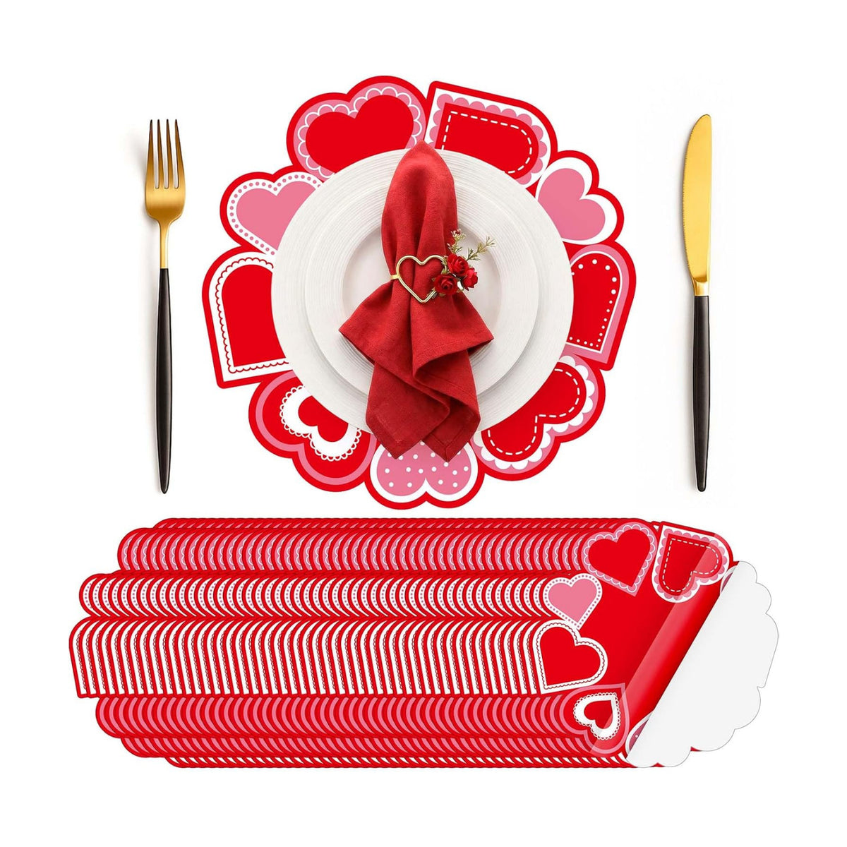 50 Pcs Valentines Round Red Heart Place Mats Pink Disposable Paper Table Mats Bulk Seasonal Valentine Decor for Valentines Anniversary Marriage Proposals Home Party Dining, 12.9 Inch