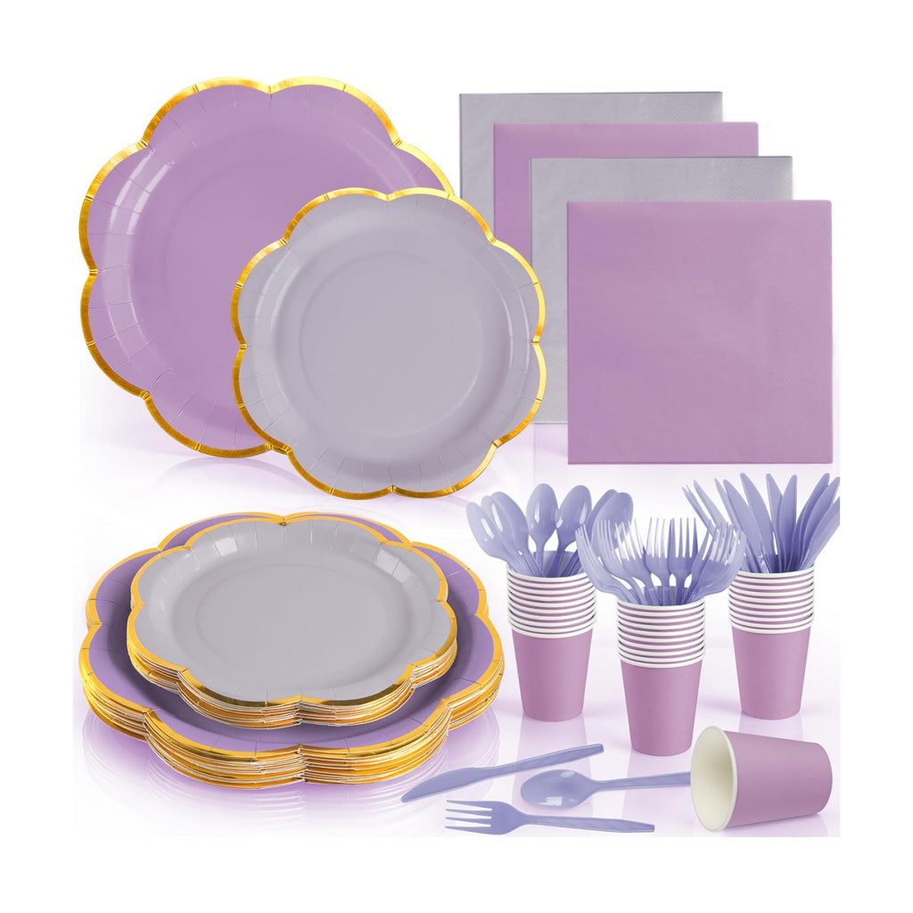 168Pcs Purple Paper Plates and Napkins Party Supplies for 24 Guests