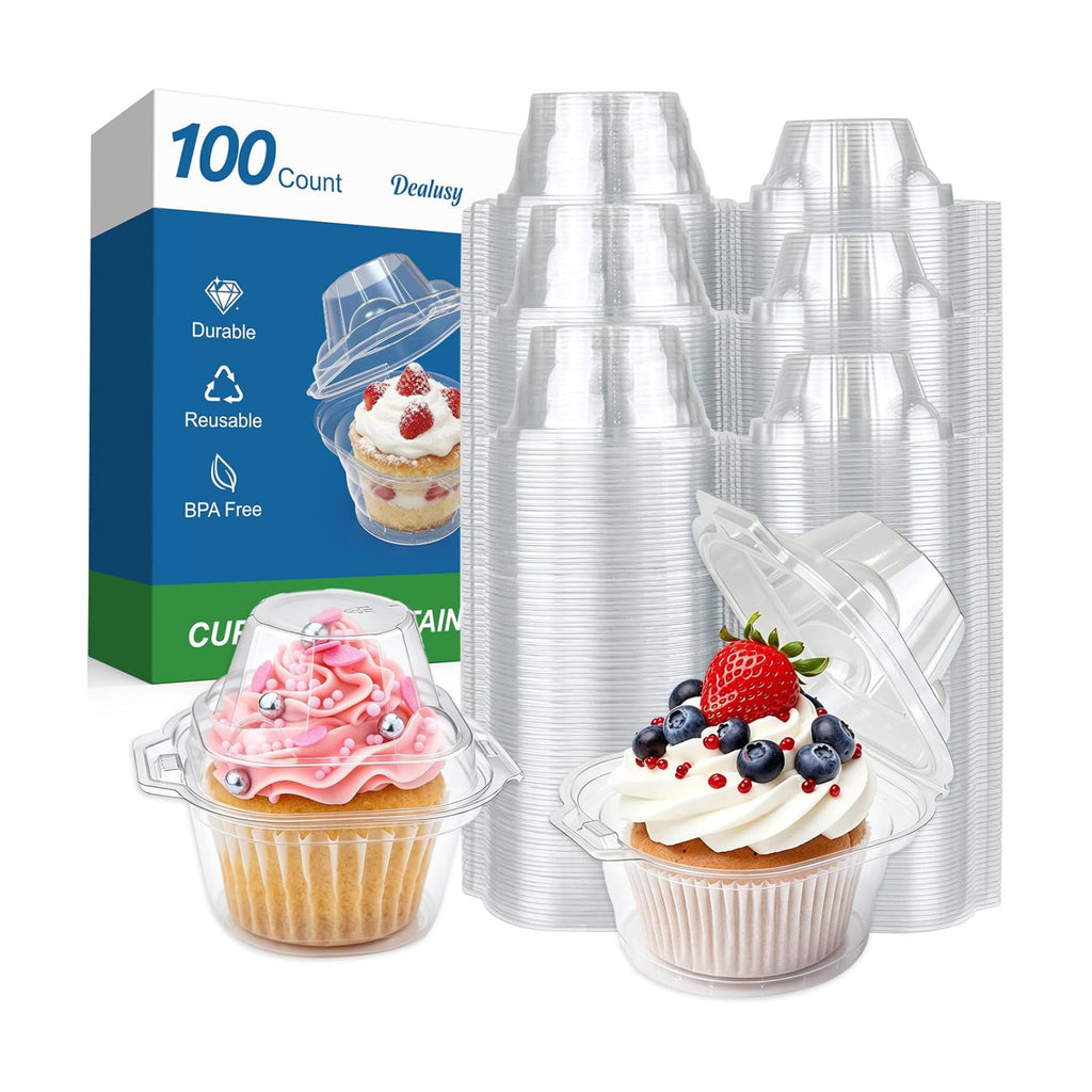 Dealusy 100 Pack Individual Cupcake Containers with Airtight Lids