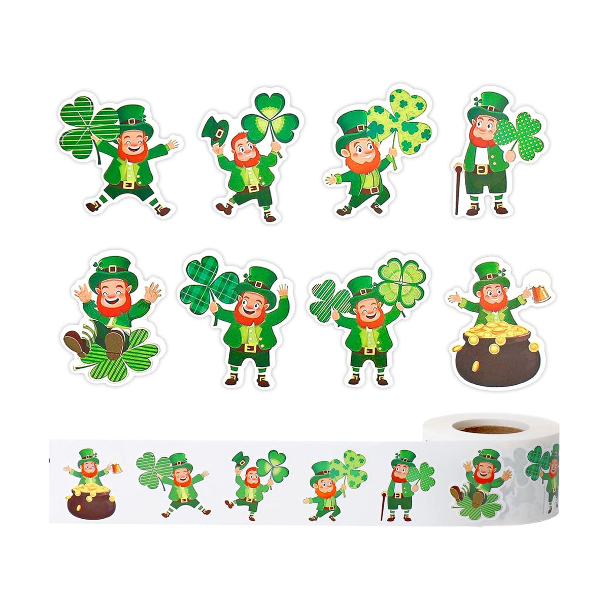 St Patricks Day Stickers, St Patrick's Day Decorations Stickers Roll, 1.2" Green Leprechaun Shamrock Clover Self Adhesive Seals Label Sticker Decals for Card Gift Crafts Irish Party Supplies 500 PCS