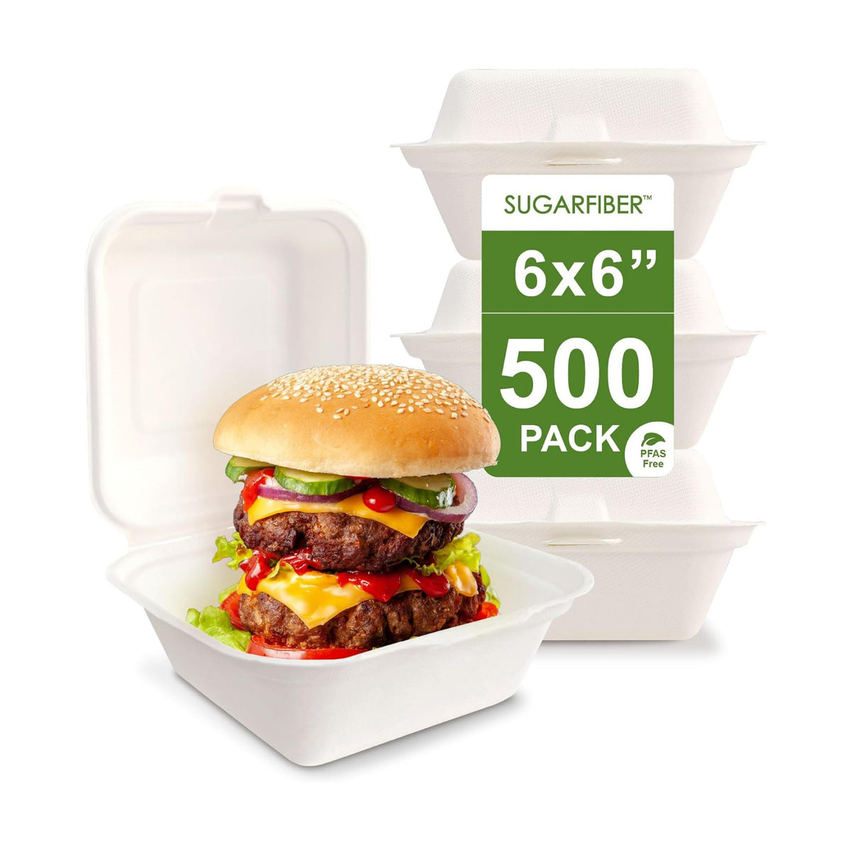 6X6 inch Compostable White Clamshell Take Out Food Containers with Lids