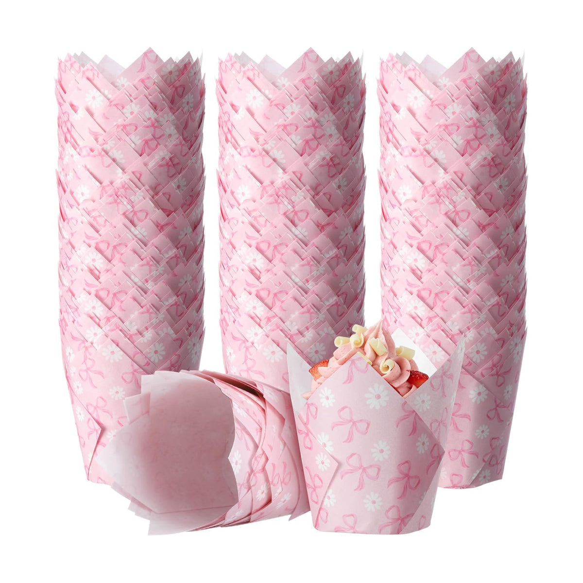 Maxdot 200 Pcs Daisy Bow Tulip Cupcake Liners for Baking Coquette Bow Daisy Paper Muffin Baking Cups Pink Floral Tulip Muffin Liners Wrappers for Wedding Bachelorette Bridal Showers Birthday Party