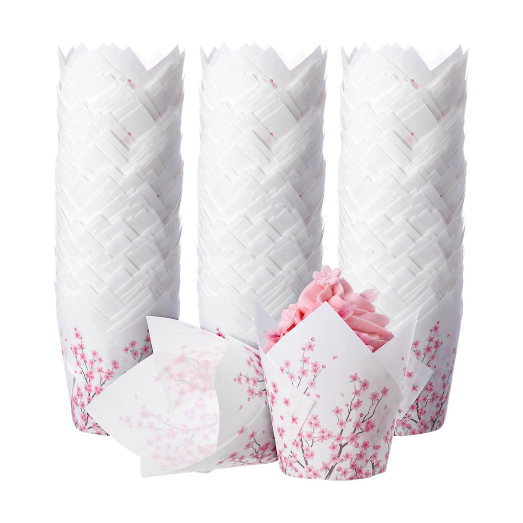 Maxdot 200 Pcs Cherry Blossom Tulip Cupcake Liners for Baking Cherry Blossom Paper Muffin Baking Cups Pink Flower Tulip Muffin Liners Wrappers for Bridal Showers Wedding Tea Birthday Party
