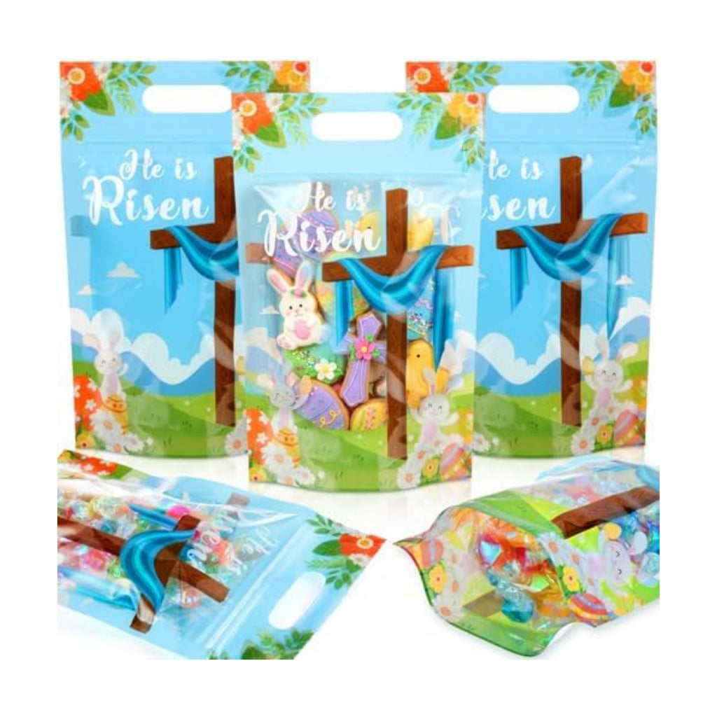 Engrowtic 50 Pcs Easter Treat Bags Reusable Easter Zipper Bags He Is Risen Plastic Gift Bag with Cross Bunny Holiday Bag with Handles for Spring Party Favor Wrapping Supplies