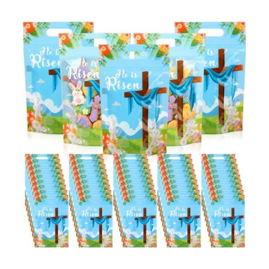 Engrowtic 100 Pcs Easter Treat Bags Reusable Easter Zipper Bags He Is Risen Plastic Gift Bag with Cross Bunny Holiday Bag with Handles for Spring Party Favor Wrapping Supplies