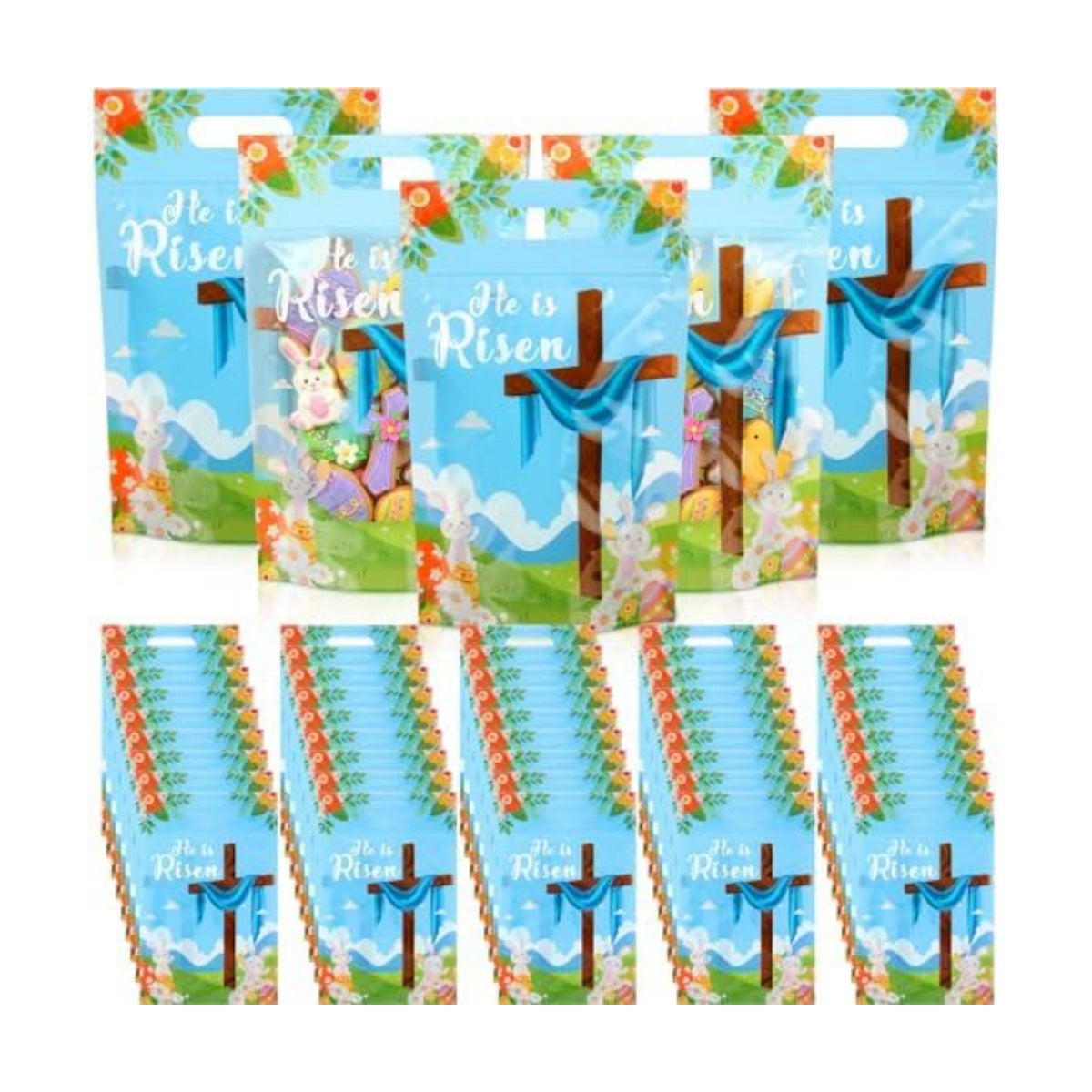 Engrowtic 100 Pcs Easter Treat Bags Reusable Easter Zipper Bags He Is Risen Plastic Gift Bag with Cross Bunny Holiday Bag with Handles for Spring Party Favor Wrapping Supplies