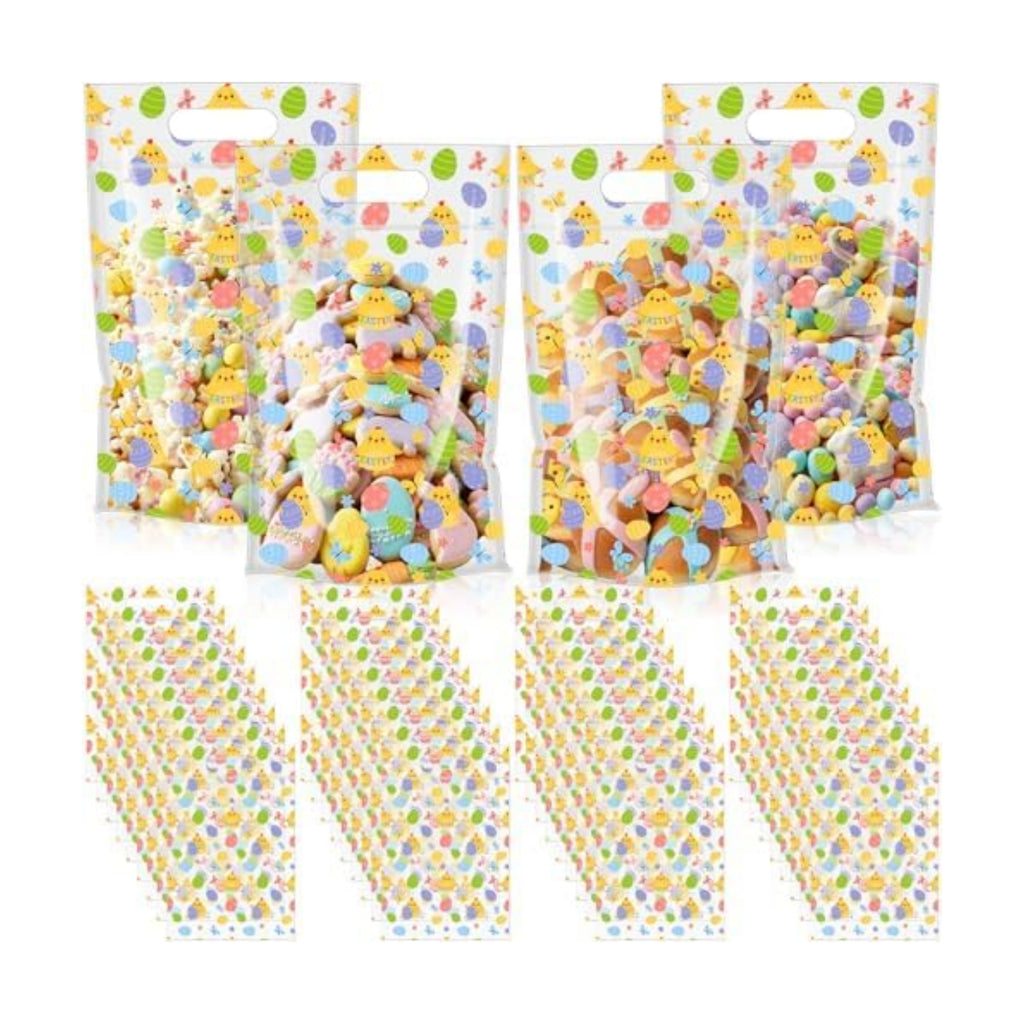 Engrowtic 100 Pcs Easter Treat Bags Reusable Easter Egg Zipper Bags Plastic Goodie Gift Bag Holiday Bag with Handles for Spring Party Favor Wrapping Supplies