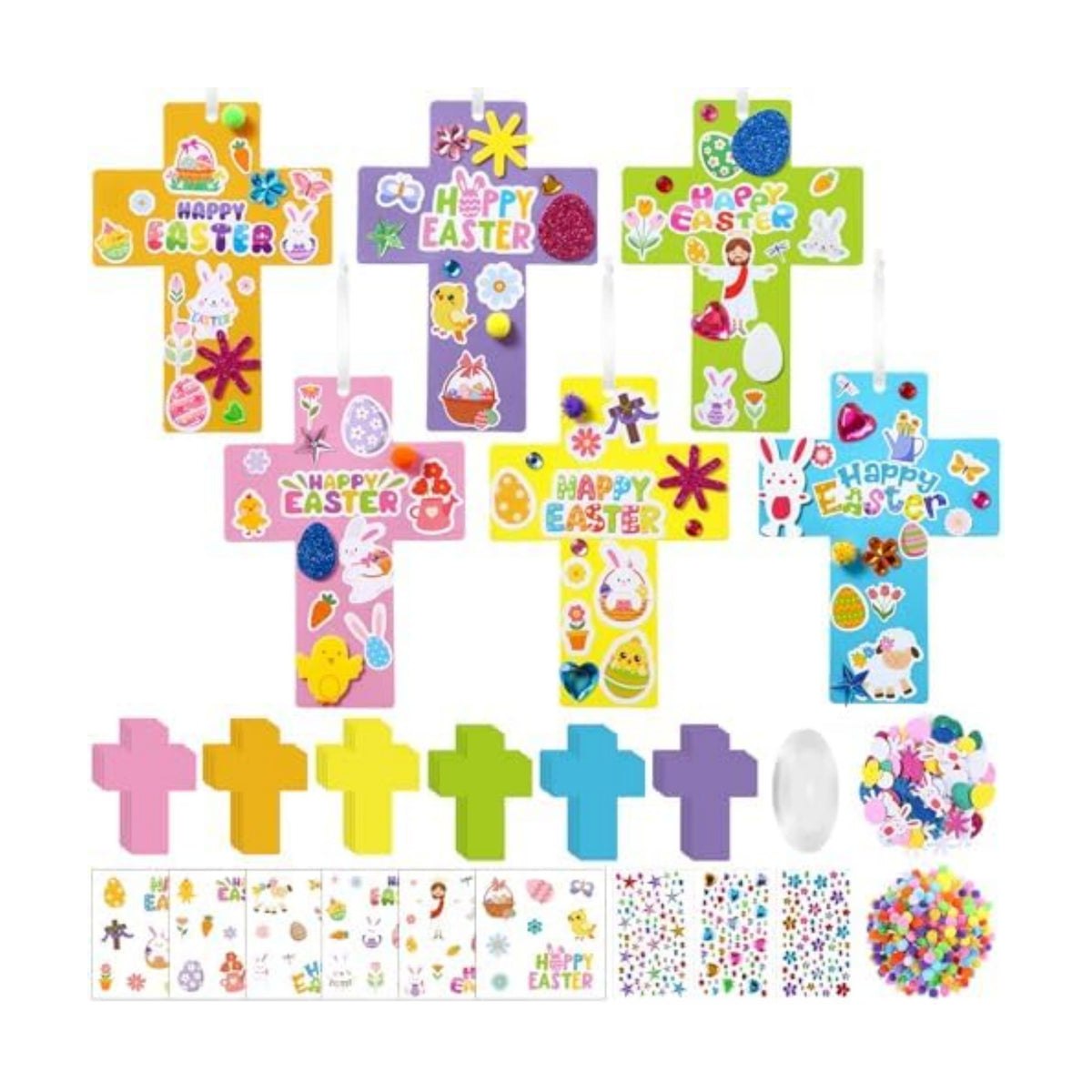 Funrous 48 Sets Crafts Kit Paper Crafts DIY Make Your Own Hanging Ornaments with Pompoms Diamond Stickers for Holiday Classroom Activities Party Favors, Easter Cross