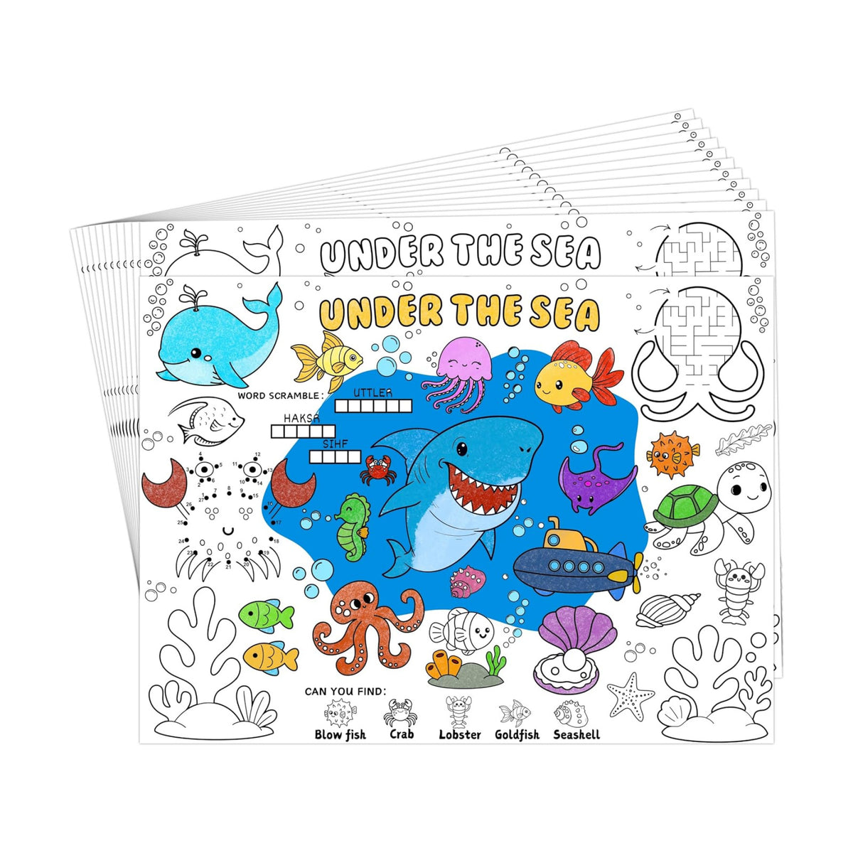 45pcs Under The Sea Disposable Coloring Placemats Ocean Crafts for Kids Party Favors Coloring Poster Classroom Activities Birthday Party Supplies Paper Table Mats