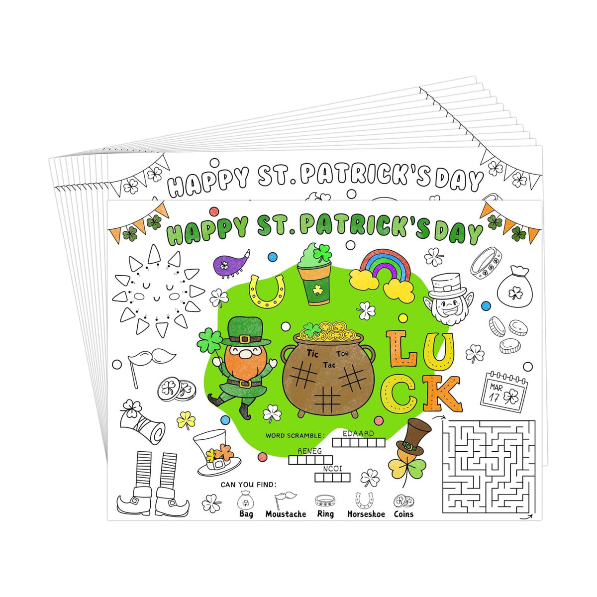 45pcs St. Patrick's Day Disposable Coloring Placemats Irish Crafts for Kids Party Favors Coloring Poster Holiday Party Supplies School Classroom Activities Paper Table Mats