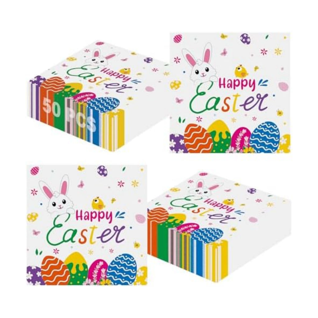 50 Pcs Happy Easter Napkins Disposable, 13 Inch Spring Bunny Napkins, 3-Ply Cute Easter Eggs Rabbit Flower Dinner Cocktail Paper Towels for Easters Party Supplies Table Decorations Favors